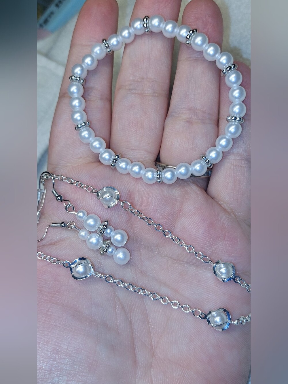 Pearl Bead Bracelet, Necklace & Earrings Set Faux Pearls with Silver Accents